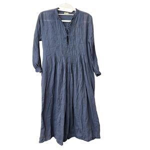 Matta Aditi Natural Blue 100% Cotton Long Sleeve Dress Size Small